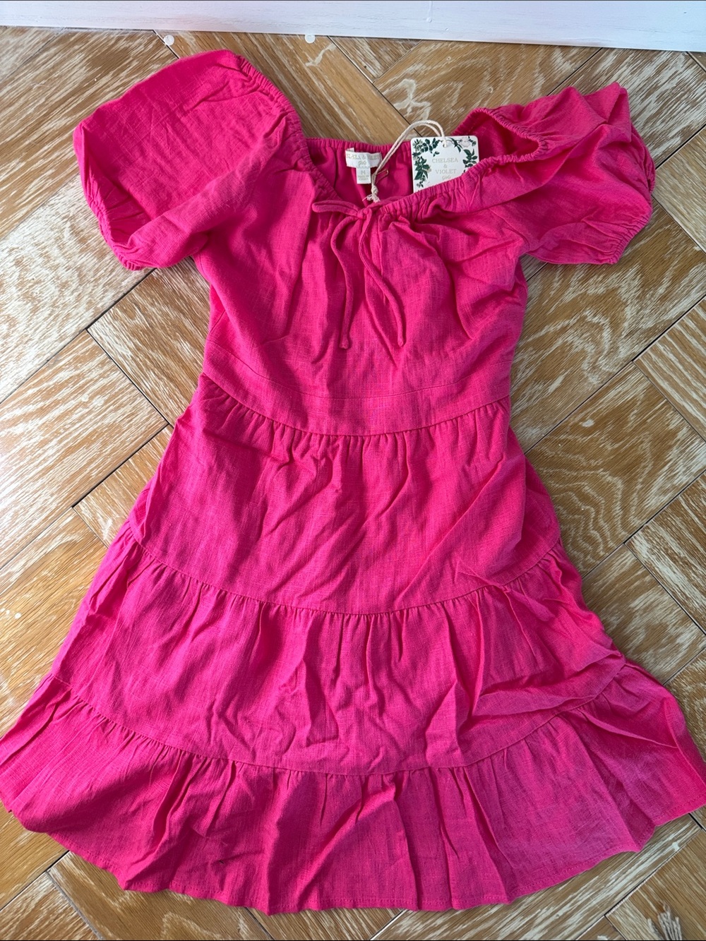 Chelsea & Violet Girls' Off-Shoulder Tiered Linen / Rayon Dress - Hot Pink
